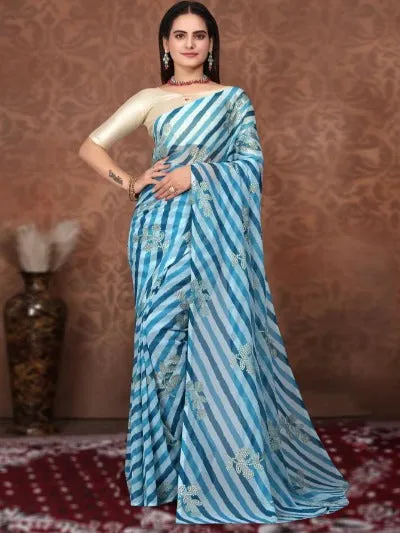 1 Min Blue Georgette Leheriya Print Stitched Readymade Saree