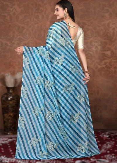 1 Min Blue Georgette Leheriya Print Stitched Readymade Saree