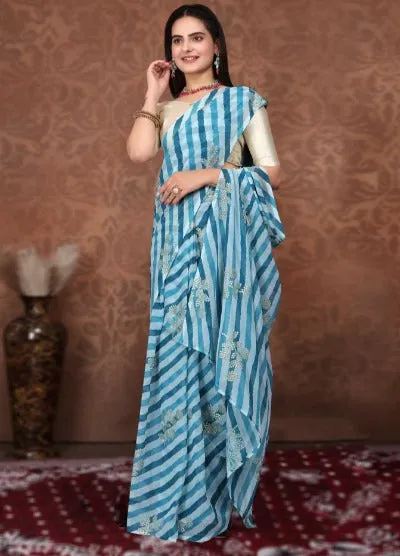 1 Min Blue Georgette Leheriya Print Stitched Readymade Saree