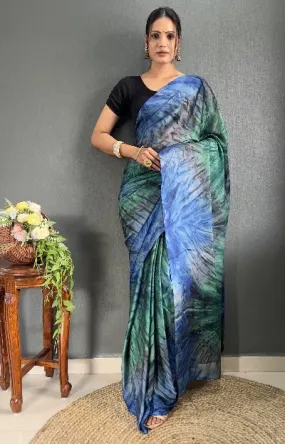 1 Min Blue Tone Rangoli Silk Prism Print Stitched Readymade Saree