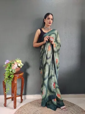 1 Min Green Nylon Printed Stitched Readymade Saree