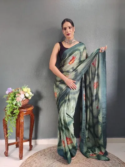 1 Min Green Nylon Printed Stitched Readymade Saree