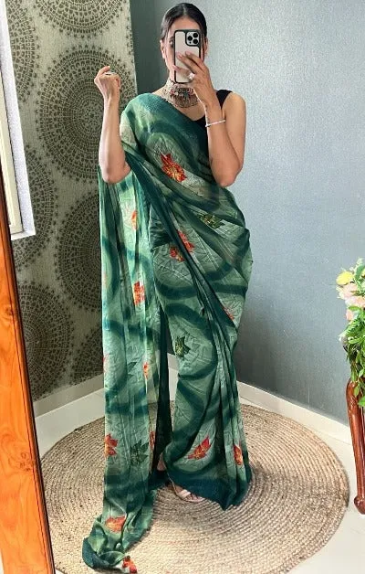 1 Min Green Nylon Printed Stitched Readymade Saree