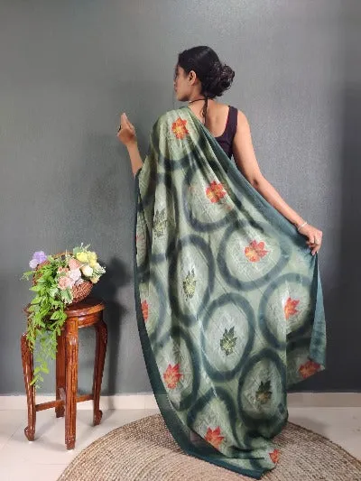 1 Min Green Nylon Printed Stitched Readymade Saree