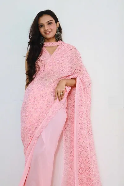 1 Min Light Pink Georgette Bandhani Print Stitched Readymade Saree