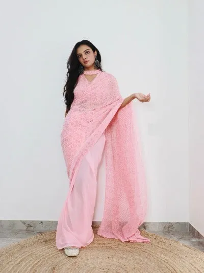 1 Min Light Pink Georgette Bandhani Print Stitched Readymade Saree