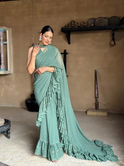 1 Min Pastel Green Georgette Designer Ruffle Stitched Readymade Saree