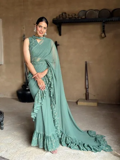 1 Min Pastel Green Georgette Designer Ruffle Stitched Readymade Saree