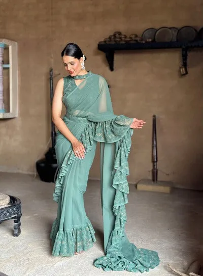 1 Min Pastel Green Georgette Designer Ruffle Stitched Readymade Saree