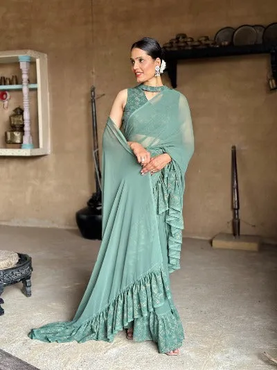 1 Min Pastel Green Georgette Designer Ruffle Stitched Readymade Saree