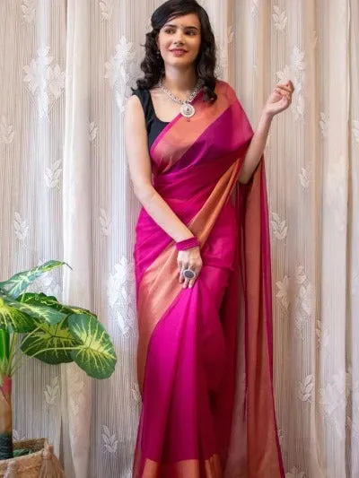 1 Min Pink Soft Chiffon Silk Stitched Readymade Saree