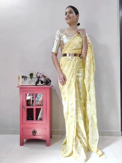 1 Min Premium Viscose Light Yellow Stitched Readymade Saree