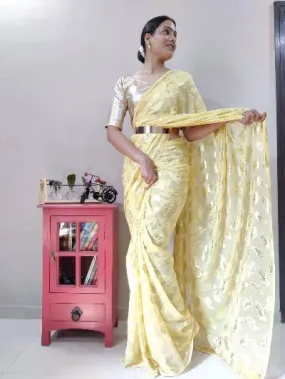 1 Min Premium Viscose Light Yellow Stitched Readymade Saree