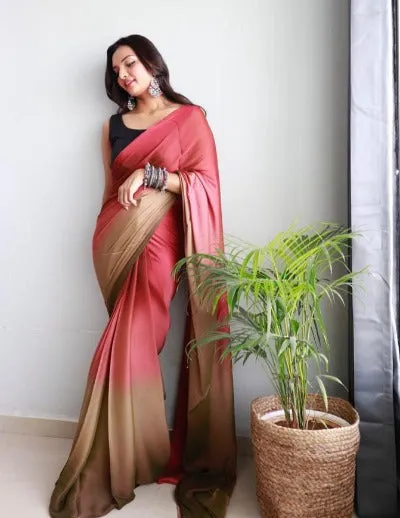 1 Min Red Dual Tone Georgette Stitched Readymade Saree