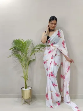 1 Min White Blooming Georgette Stitched Readymade Saree