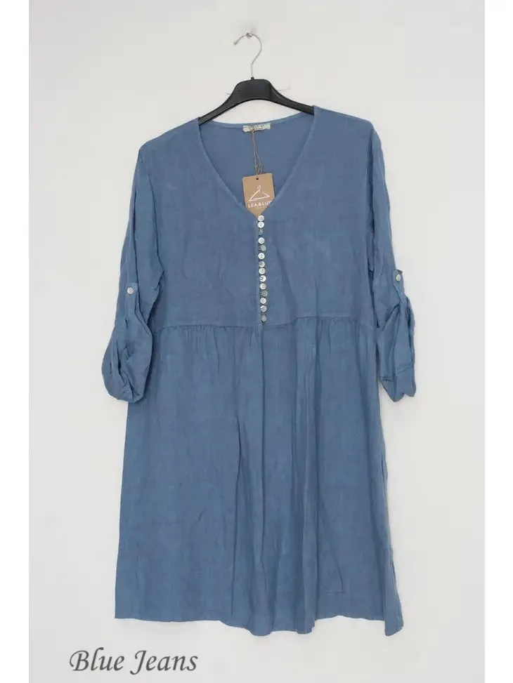 100% Linen Bitty Button Dress - 1139