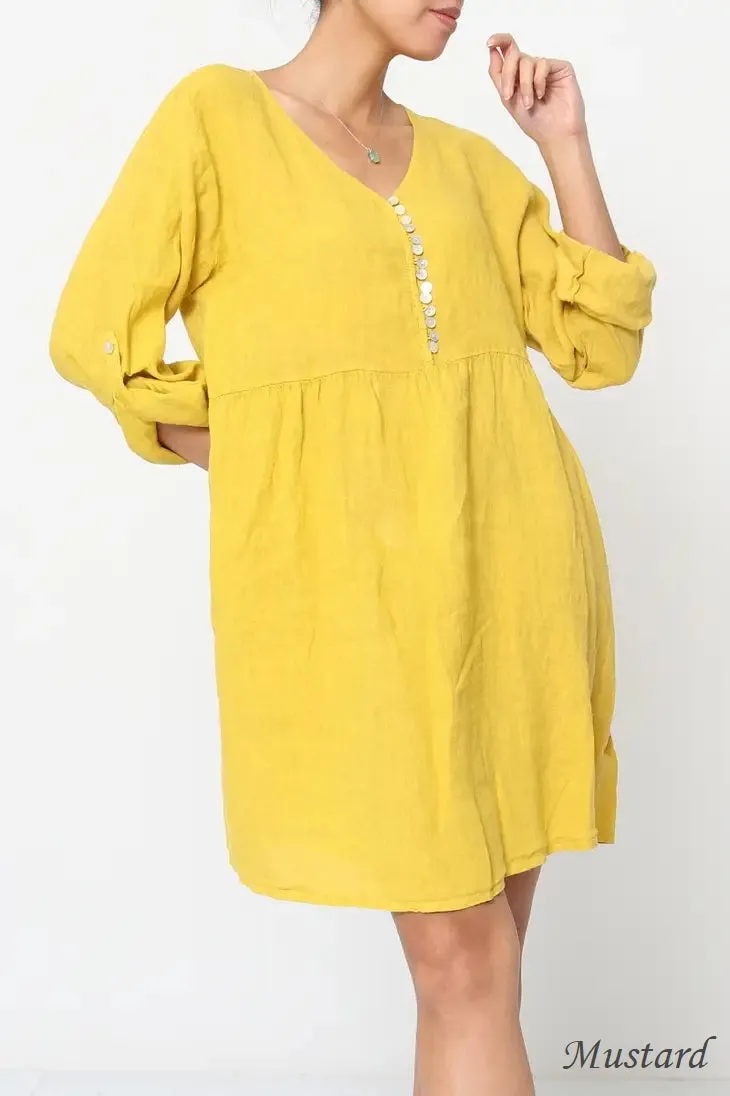 100% Linen Bitty Button Dress - 1139