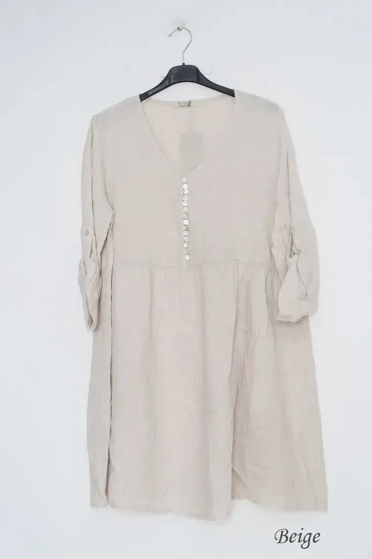 100% Linen Bitty Button Dress - 1139