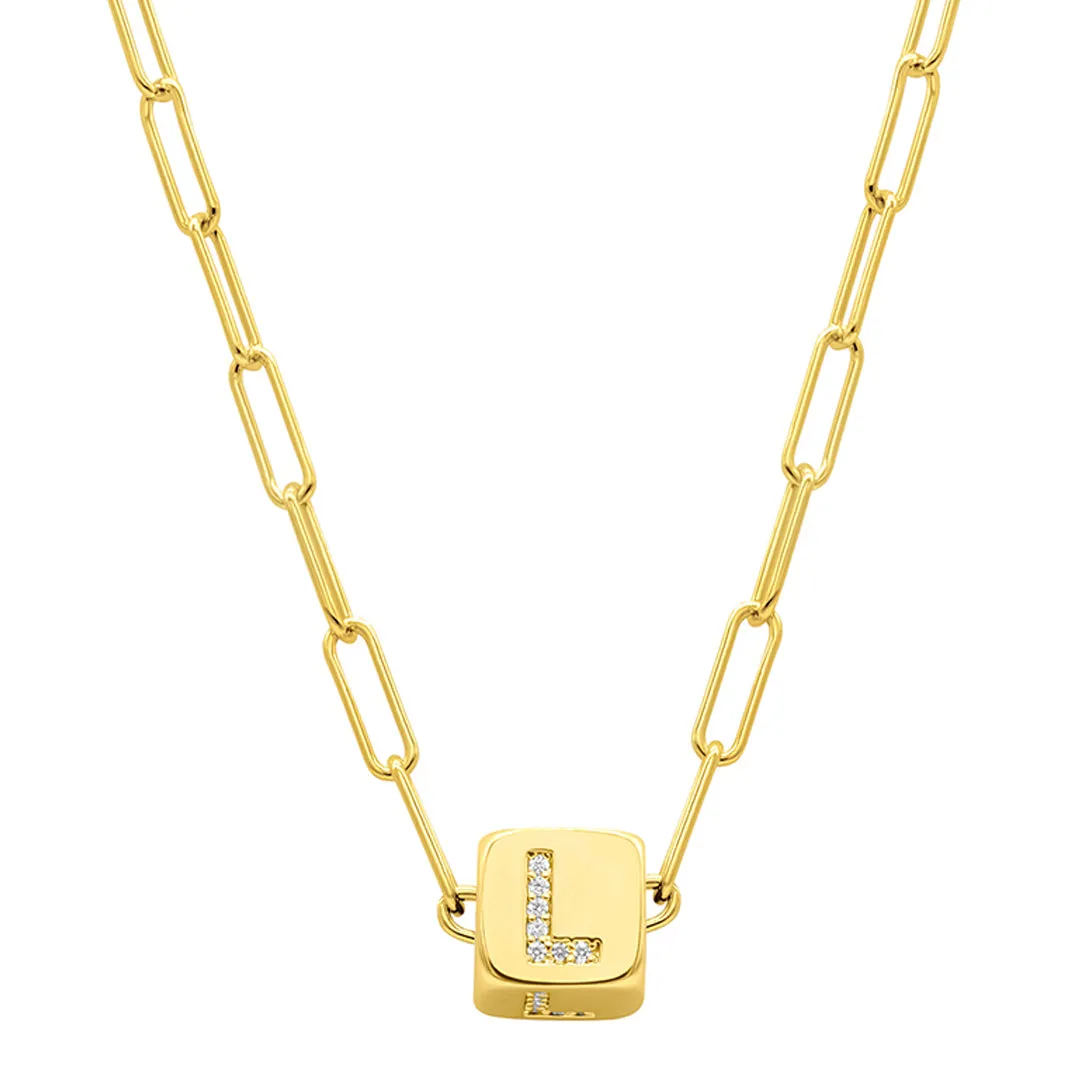 14K Gold Plated Initial Cube Paperclip Necklace