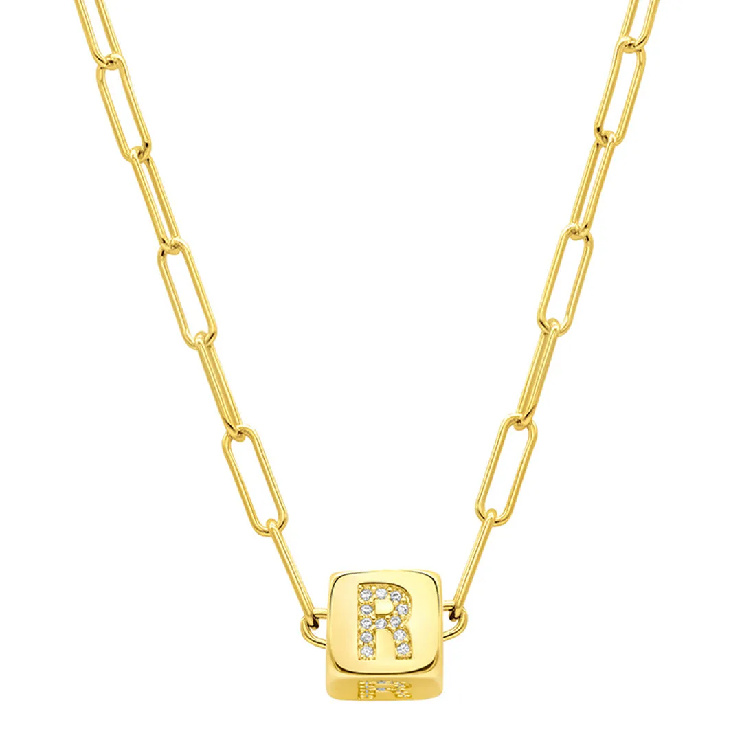 14K Gold Plated Initial Cube Paperclip Necklace