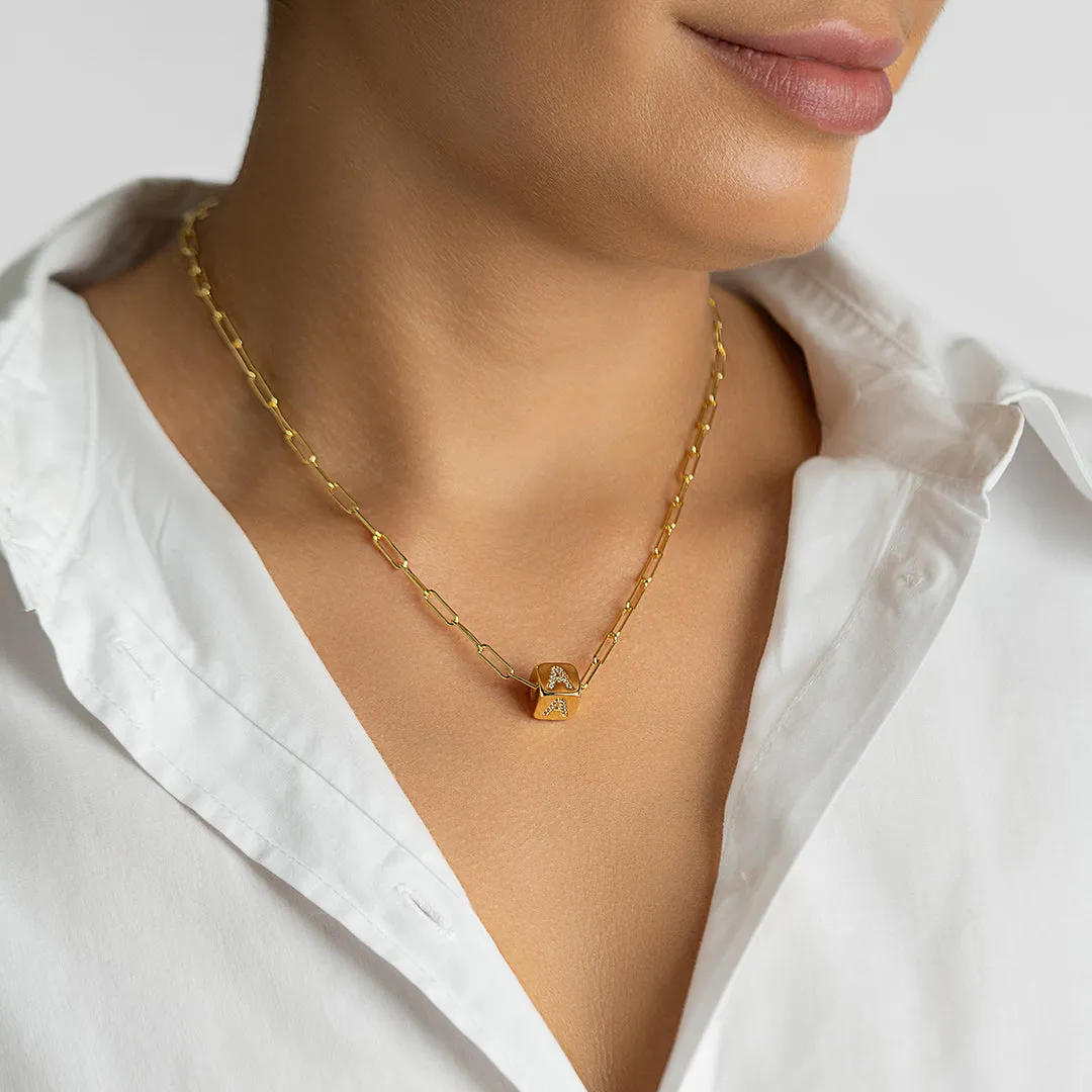 14K Gold Plated Initial Cube Paperclip Necklace