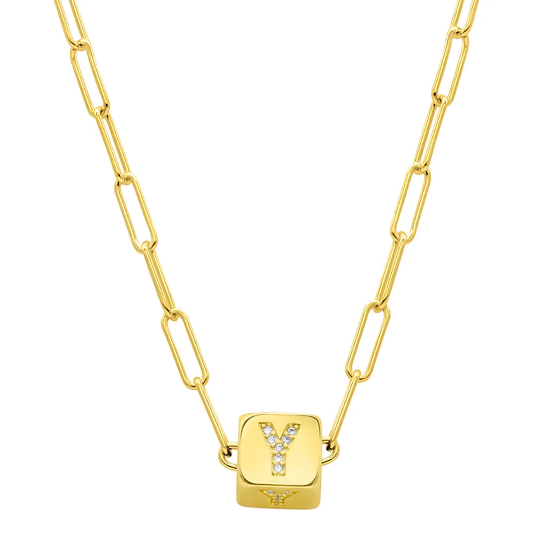 14K Gold Plated Initial Cube Paperclip Necklace