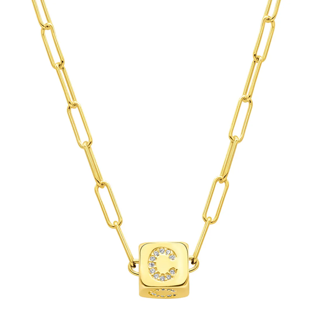 14K Gold Plated Initial Cube Paperclip Necklace