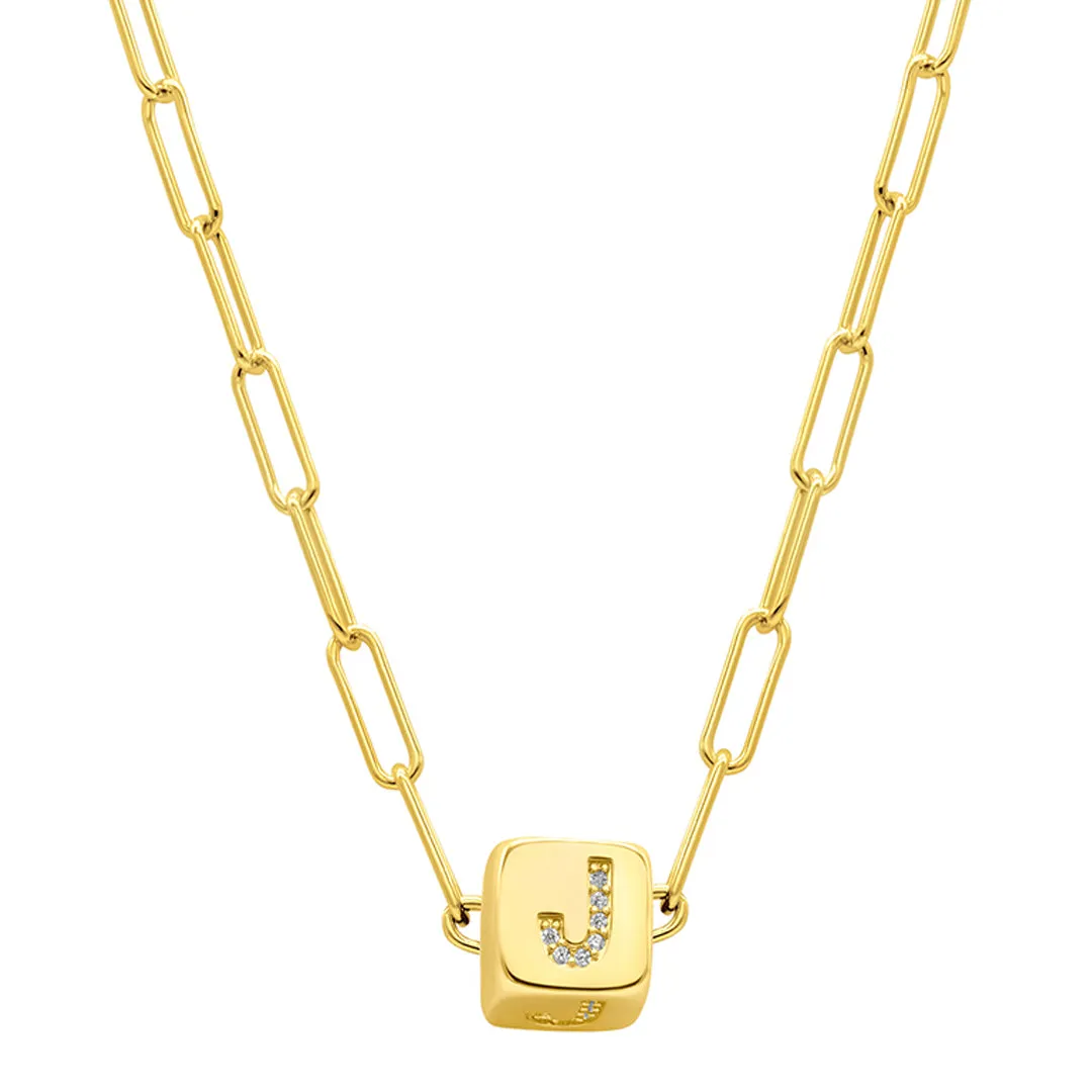 14K Gold Plated Initial Cube Paperclip Necklace