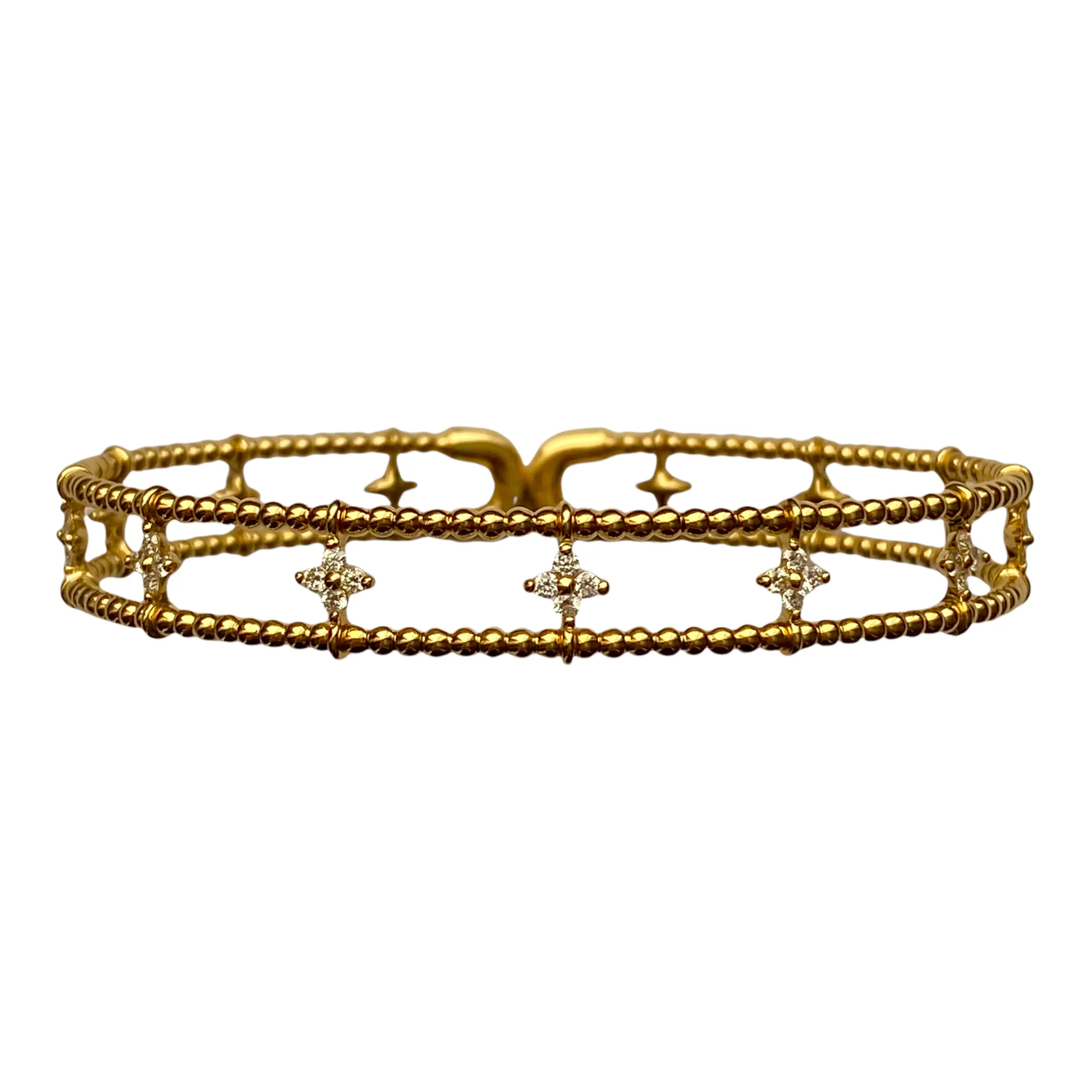 14K Yellow Gold Diamond Florets Flexible Cuff Bangle Bracelet