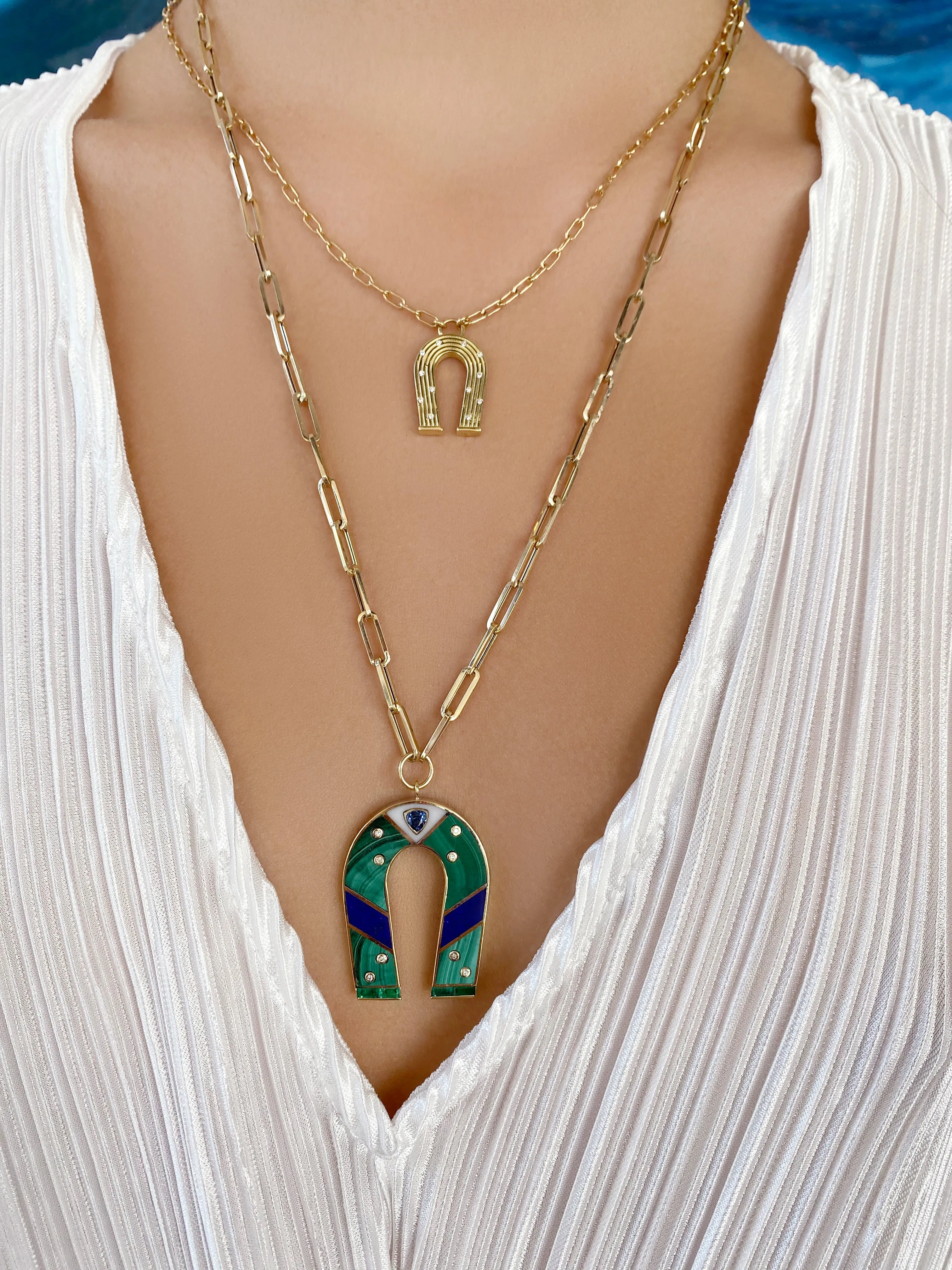 14K Yellow Gold Malachite and Lapis Inlay Horseshoe Necklace