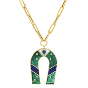 14K Yellow Gold Malachite and Lapis Inlay Horseshoe Necklace