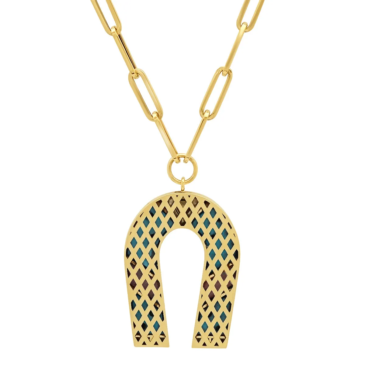 14K Yellow Gold Malachite and Lapis Inlay Horseshoe Necklace