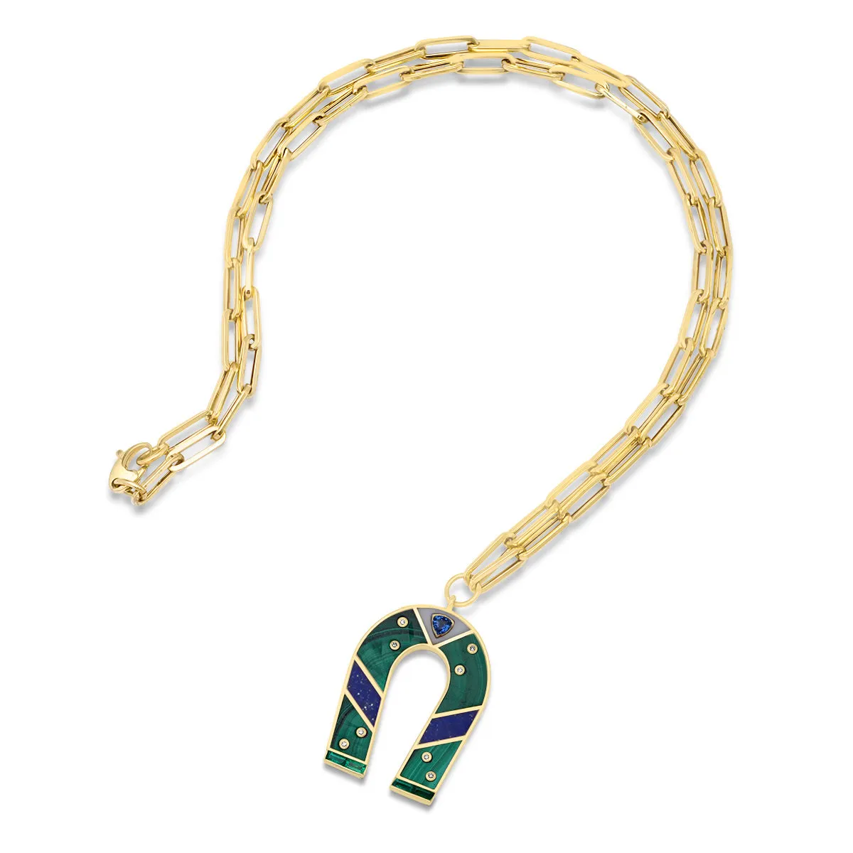 14K Yellow Gold Malachite and Lapis Inlay Horseshoe Necklace