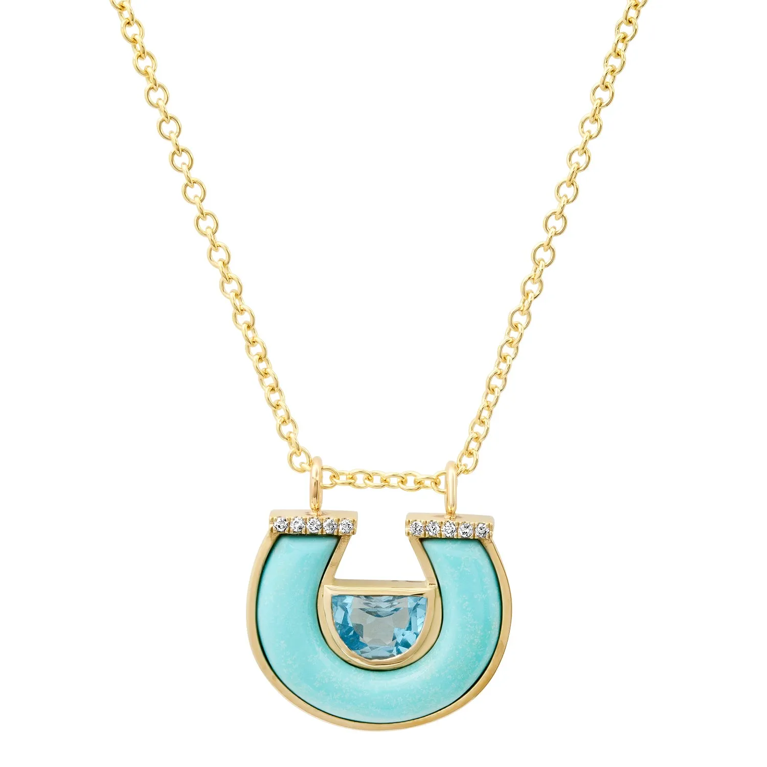 14K YG Blue Topaz, Turquoise and Diamond Horseshoe Necklace