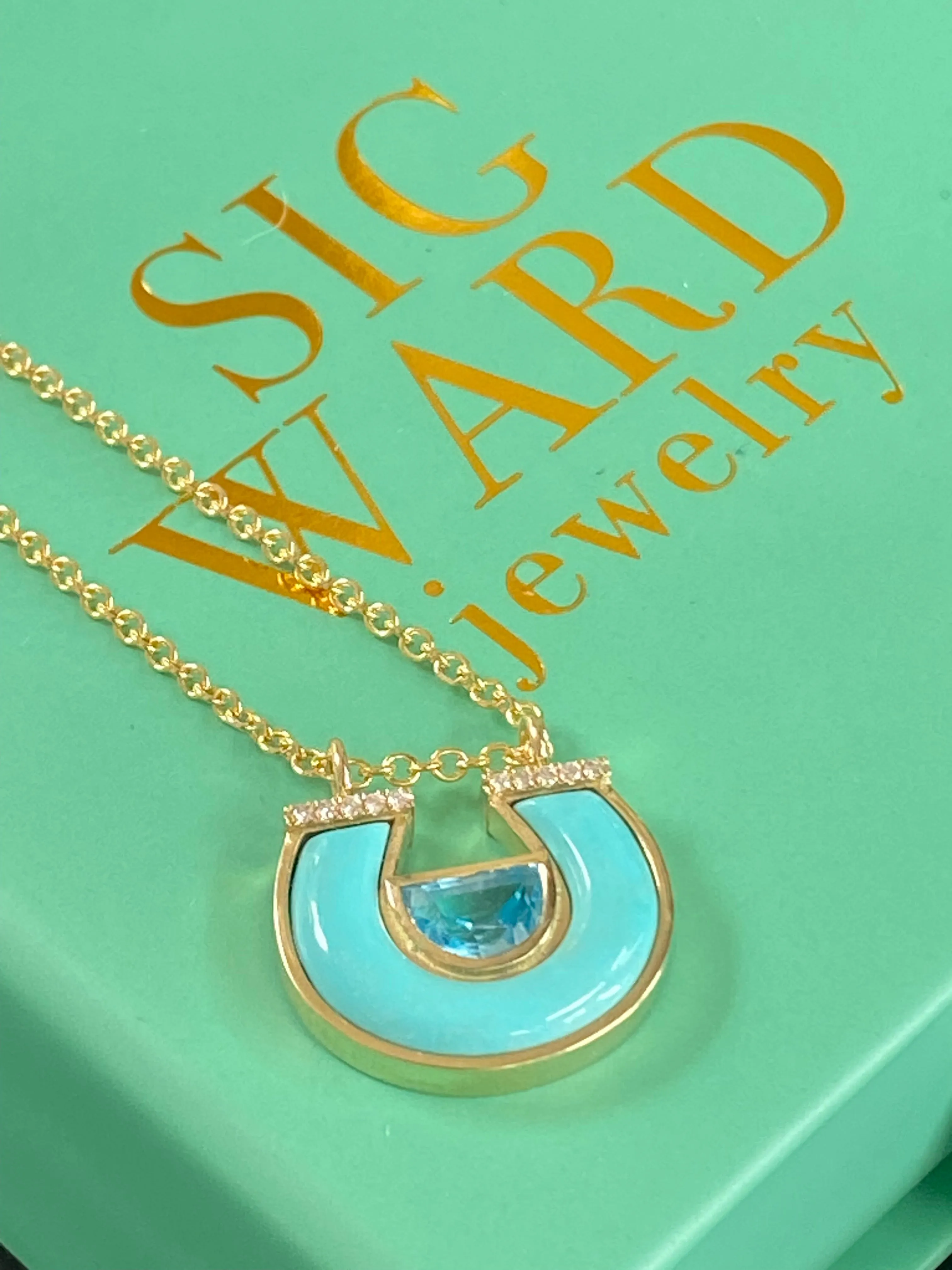 14K YG Blue Topaz, Turquoise and Diamond Horseshoe Necklace