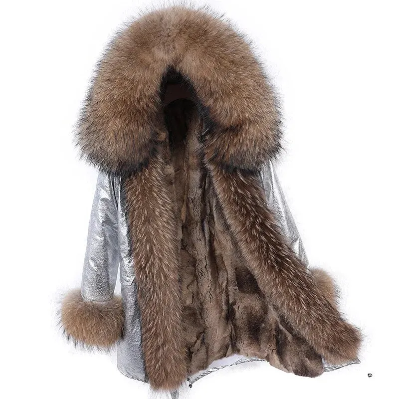 2023 Real Natural Raccoon Big Fox Fur Collar Parkas Long Female Winter Rabbit Lining Inner Jacket Fur Coat Outerwear