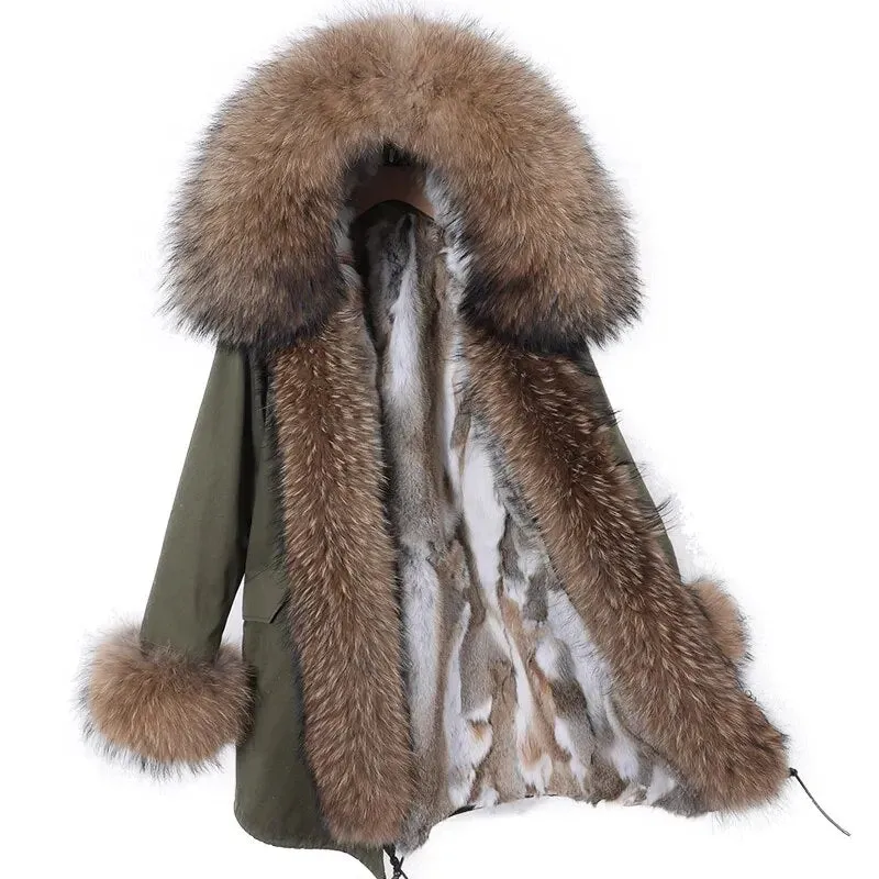 2023 Real Natural Raccoon Big Fox Fur Collar Parkas Long Female Winter Rabbit Lining Inner Jacket Fur Coat Outerwear