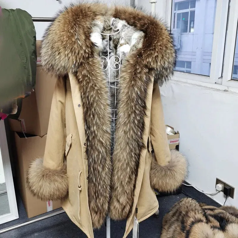 2023 Real Natural Raccoon Big Fox Fur Collar Parkas Long Female Winter Rabbit Lining Inner Jacket Fur Coat Outerwear