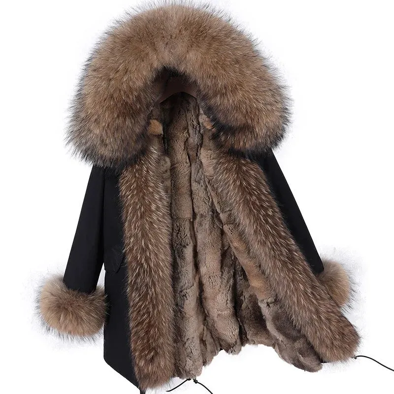 2023 Real Natural Raccoon Big Fox Fur Collar Parkas Long Female Winter Rabbit Lining Inner Jacket Fur Coat Outerwear