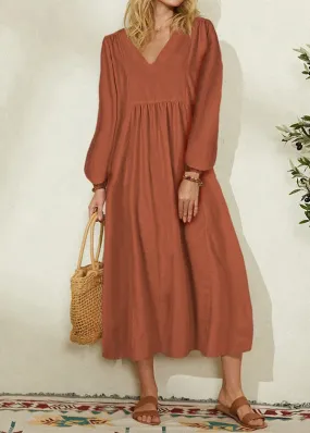 2024 Women's Orange Cotton Linen Loose Balloon Sleeve Dress VB1032