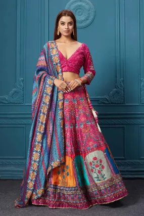 310039 Pink Multicolored Printed Lehenga with Dupatta