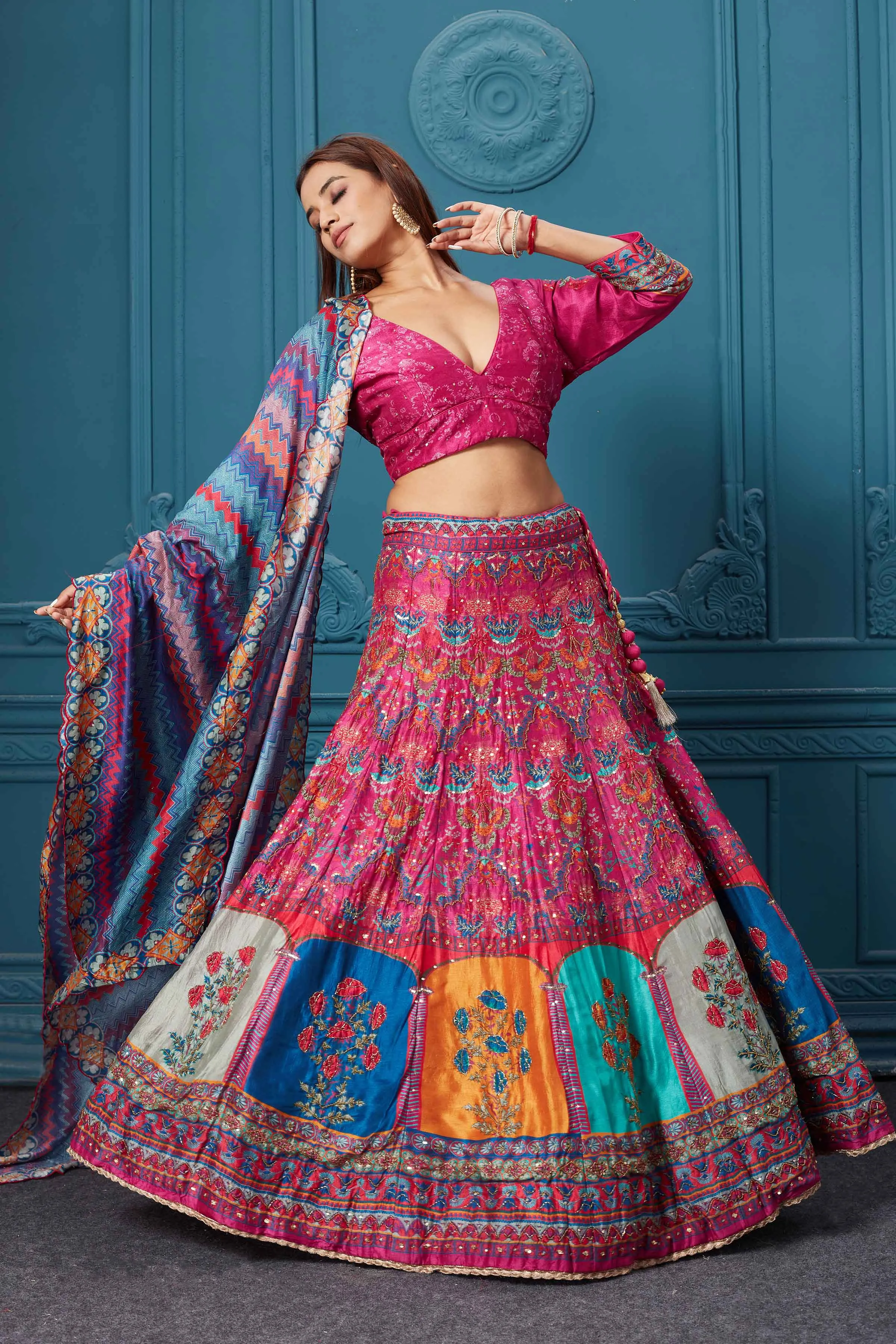 310039 Pink Multicolored Printed Lehenga with Dupatta