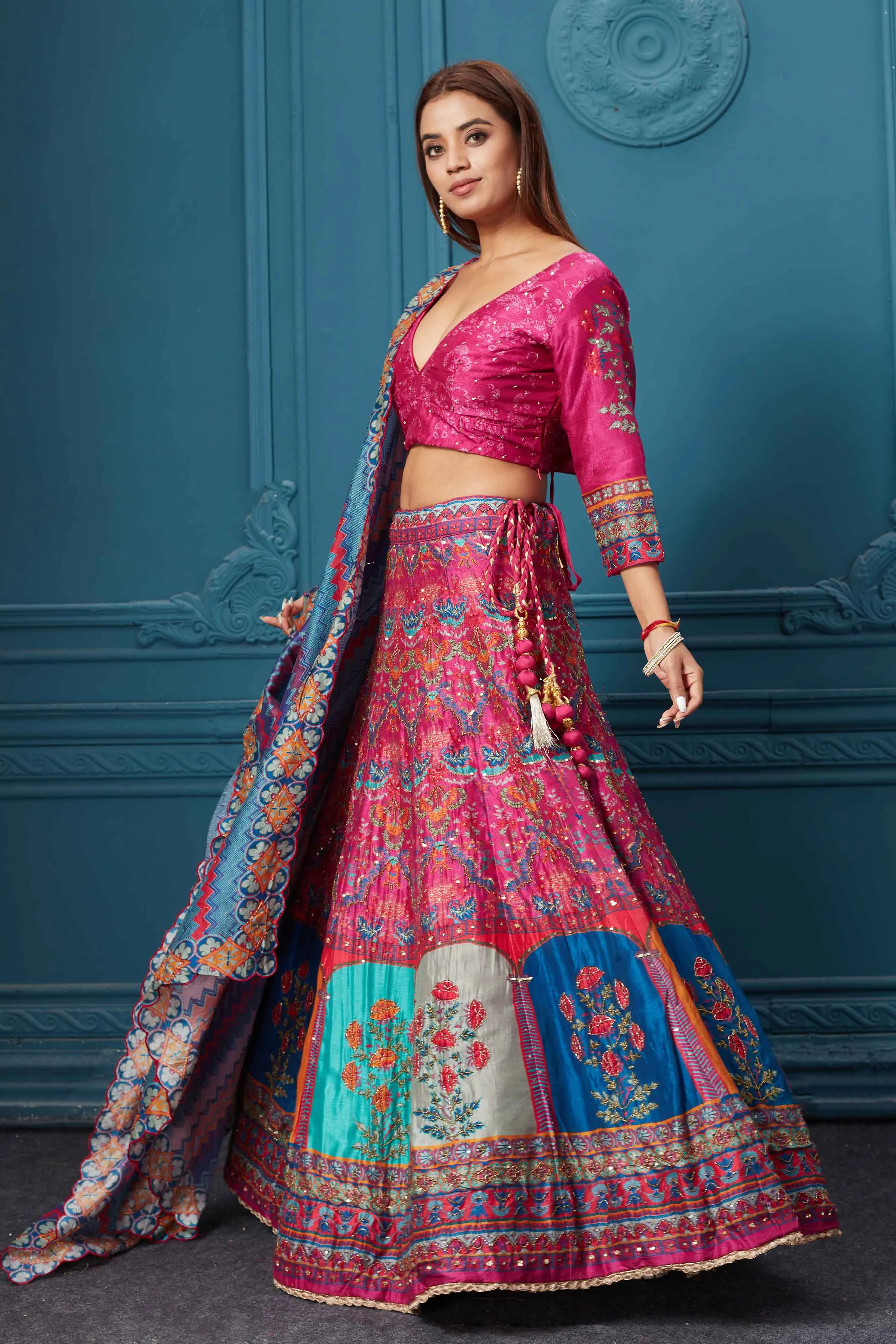 310039 Pink Multicolored Printed Lehenga with Dupatta