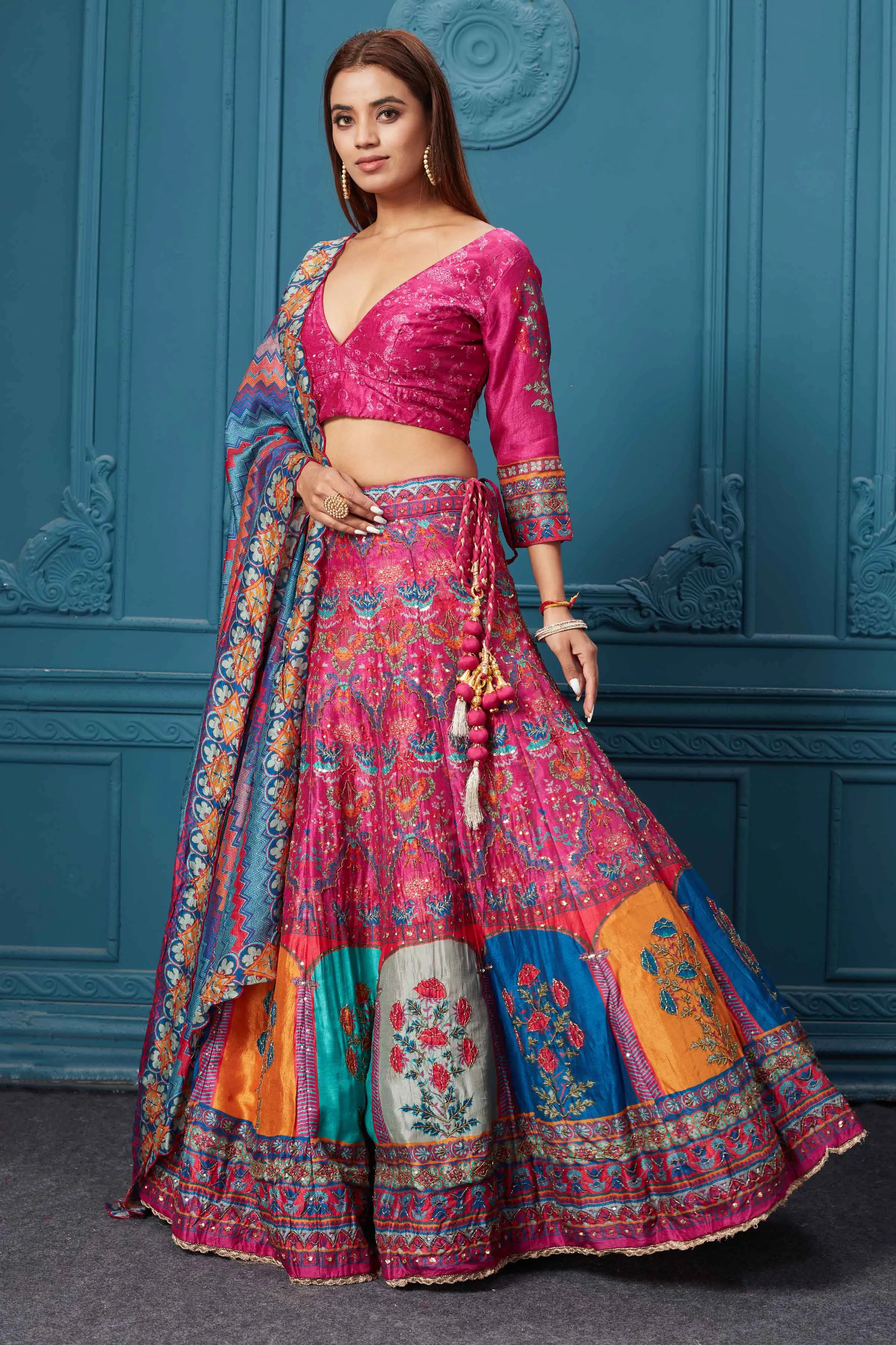 310039 Pink Multicolored Printed Lehenga with Dupatta