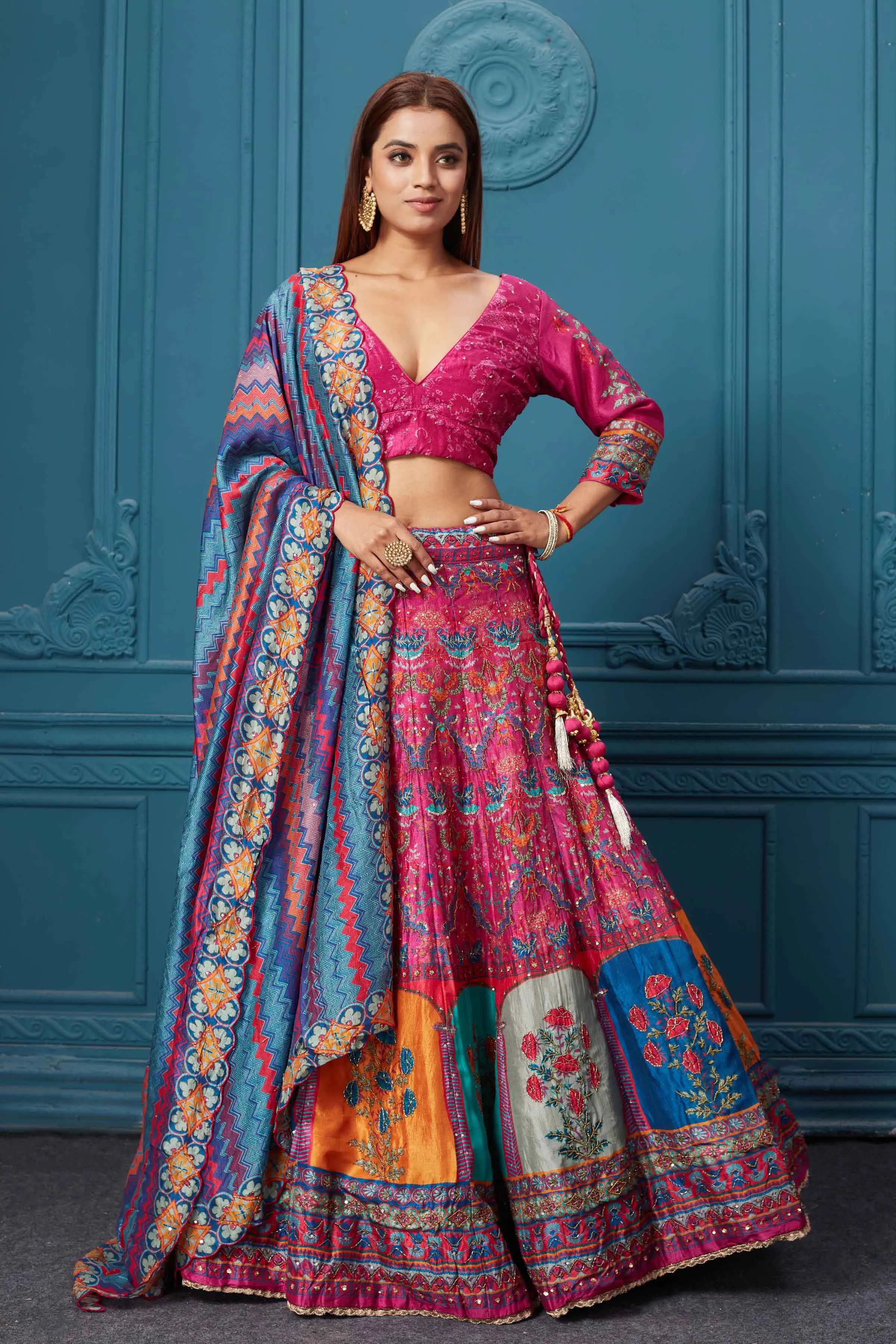 310039 Pink Multicolored Printed Lehenga with Dupatta