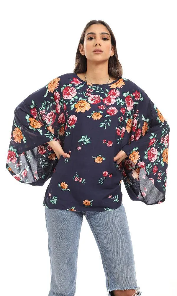 57919 Round Neck Loose Fit Floral Blouse - Navy Blue