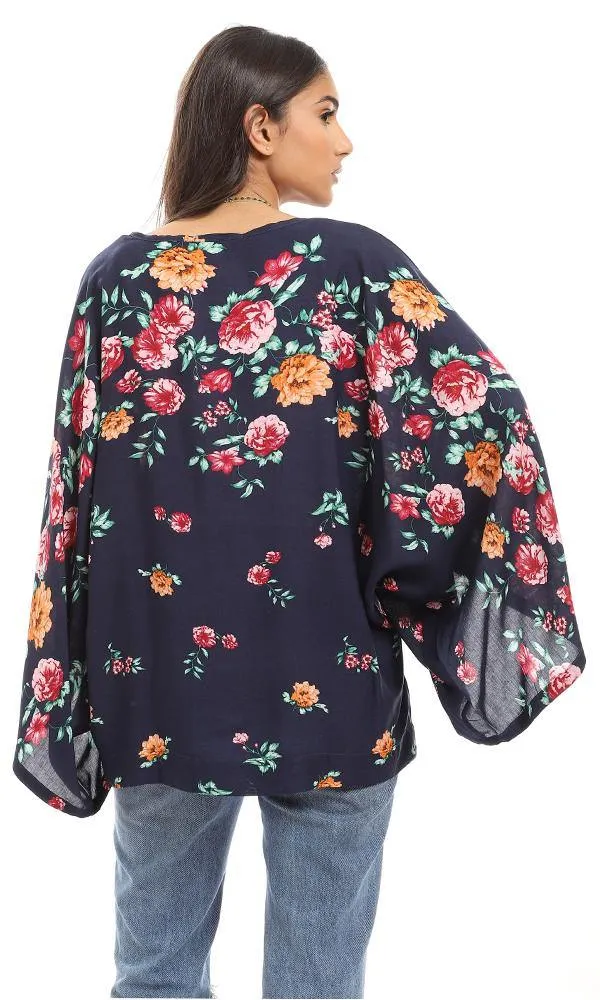 57919 Round Neck Loose Fit Floral Blouse - Navy Blue