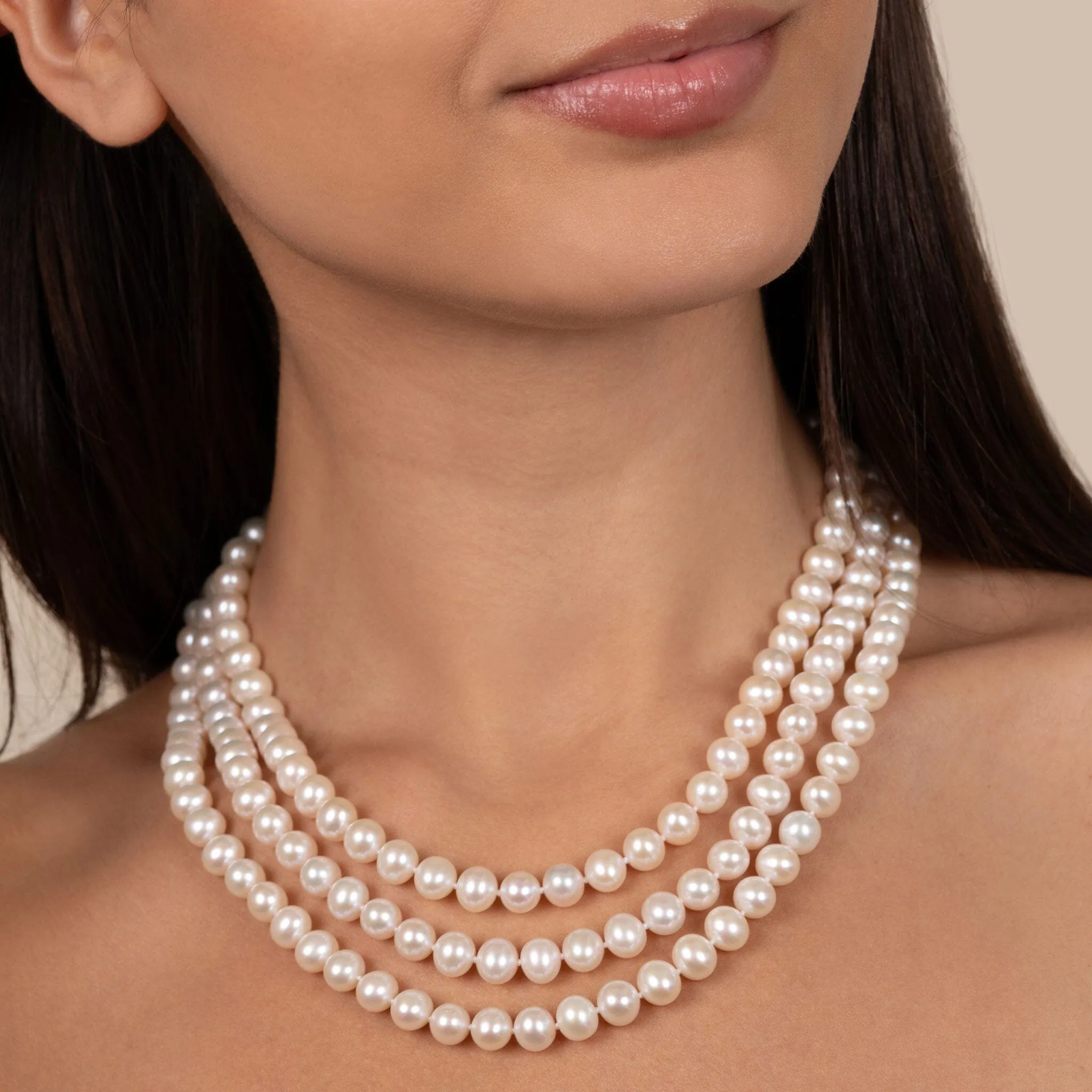 7.5-8.0 mm Triple-Strand AA  White Freshwater Cultured Pearl Necklace