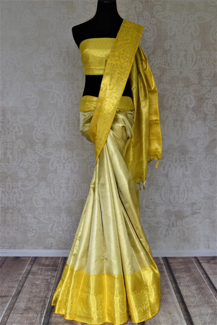 90J218 Cream Golden Zari Kanjivaram Sari with Yellow Zari Border