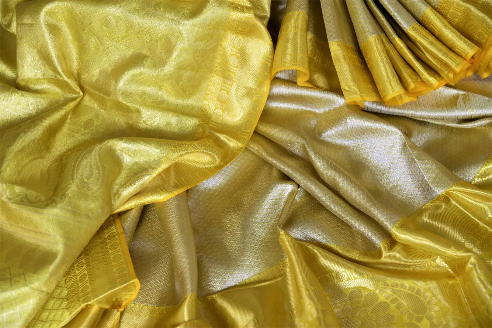 90J218 Cream Golden Zari Kanjivaram Sari with Yellow Zari Border